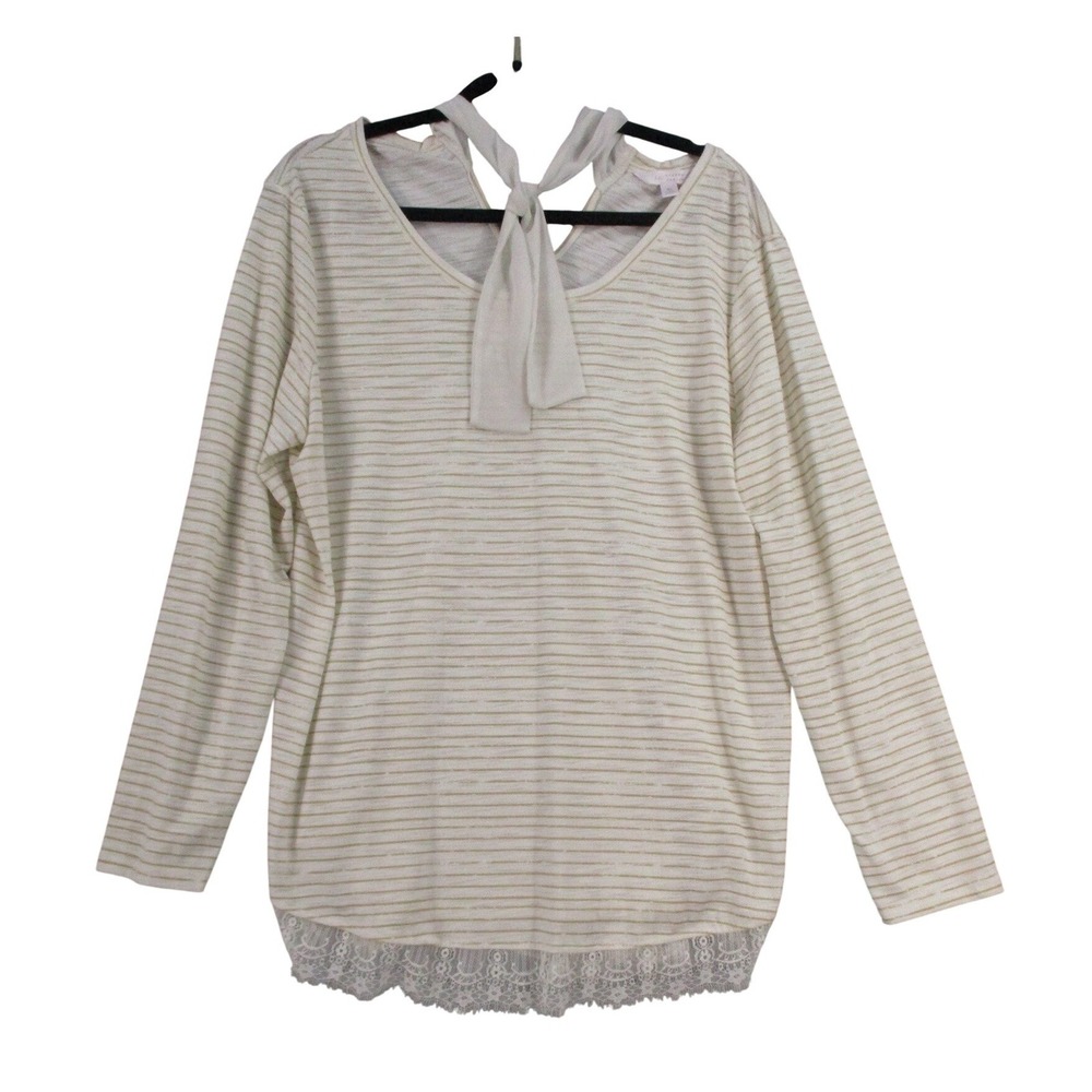 LC Lauren Conrad Womens XL Top Gold Stripe Lace Trim Tie Back Long Sleeve Cream